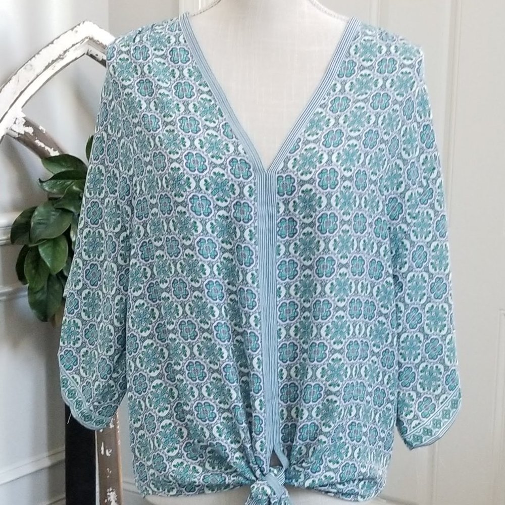 Max Studio Blue and Green Print Tie Front Top L